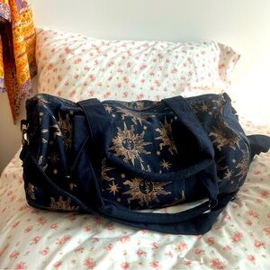 Navy Boho Duffel Bag with Gold Sun Pattern